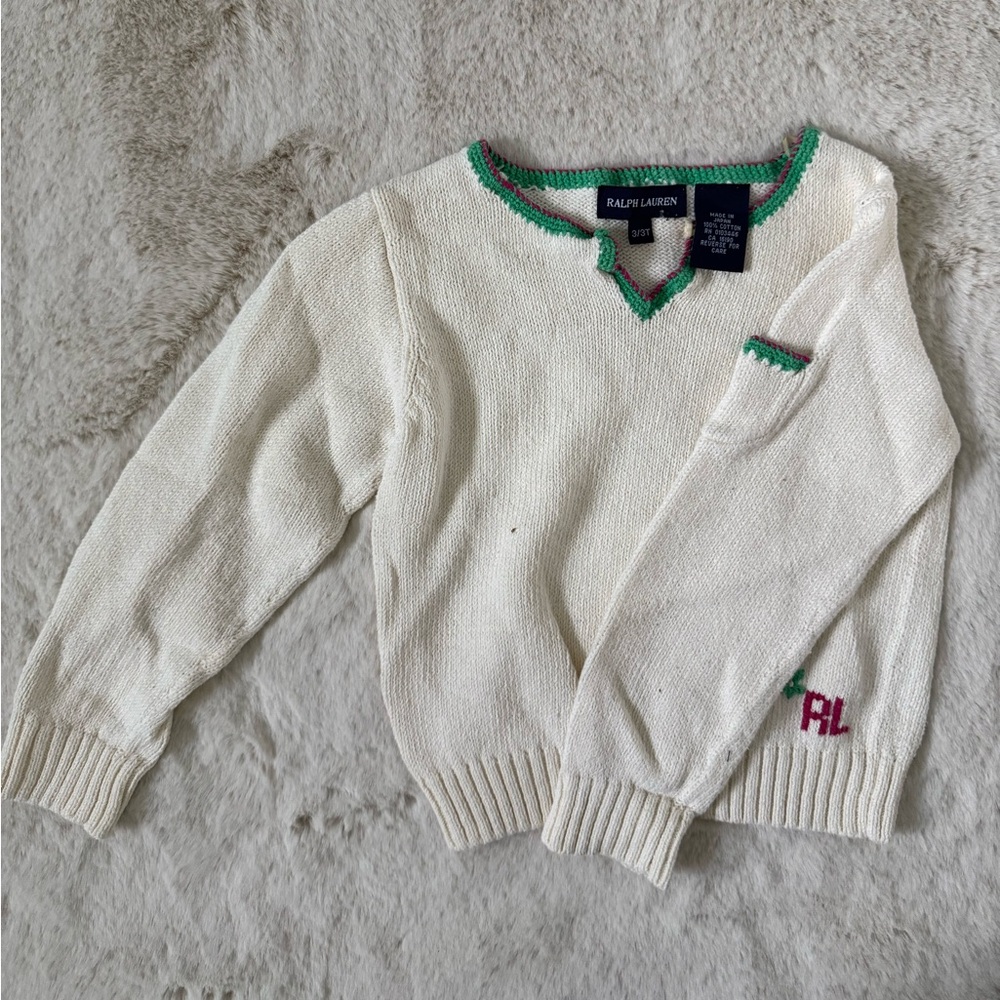 Ralph Lauren Kids Ivory V-Neck Sweater with Green Trim